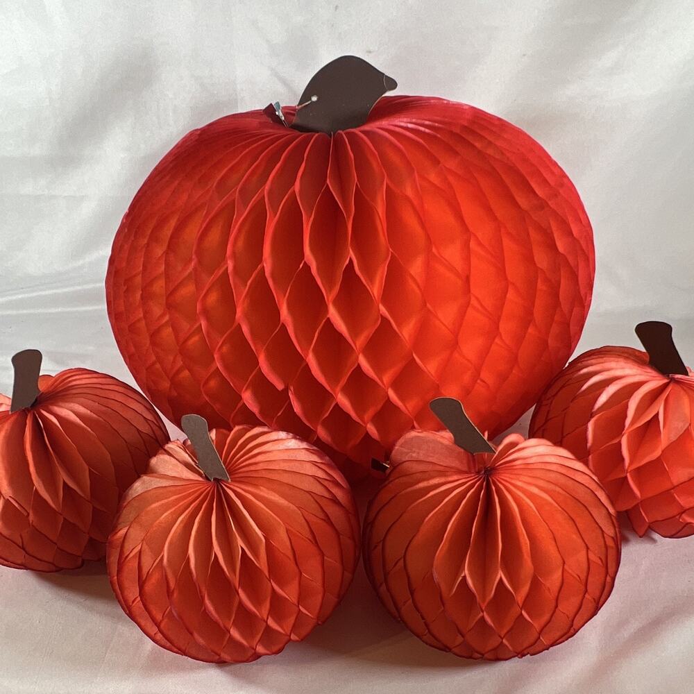 Vintage Danish Designs Set of 5 Orange Honeycomb Tissue Pumpkins Made in Denmark